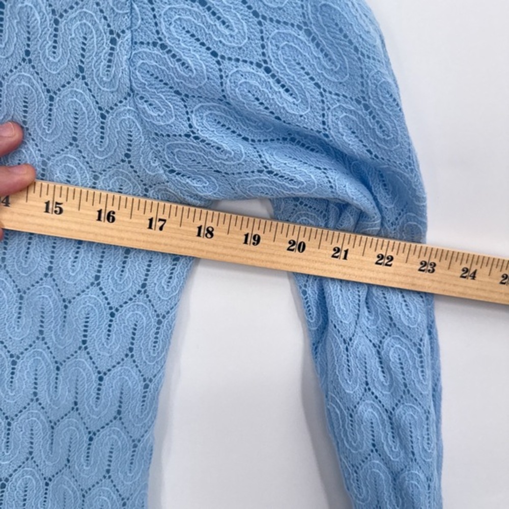 Vintage 70s Blue Open Knit Cardigan Womens M Lace Coquette Pastel Feminine Cute - Picture 8 of 8
